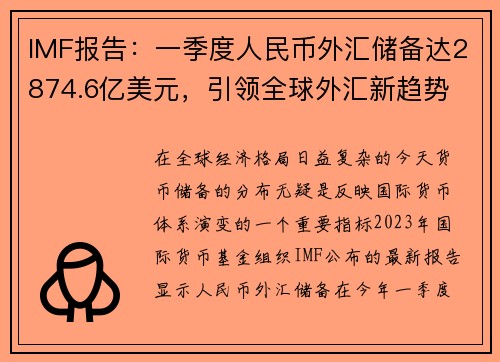 IMF报告：一季度人民币外汇储备达2874.6亿美元，引领全球外汇新趋势