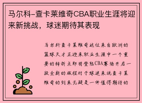 马尔科-查卡莱维奇CBA职业生涯将迎来新挑战，球迷期待其表现