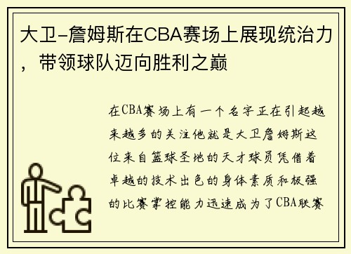 大卫-詹姆斯在CBA赛场上展现统治力，带领球队迈向胜利之巅