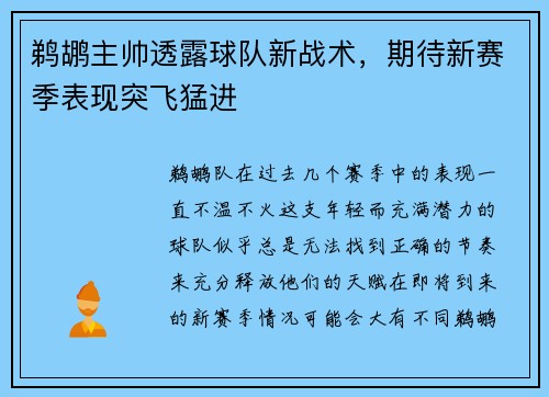 鹈鹕主帅透露球队新战术，期待新赛季表现突飞猛进